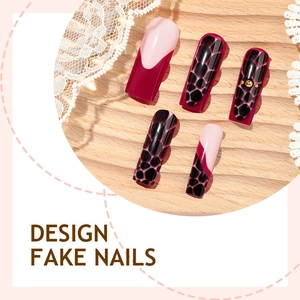 Luxurious long coffin fake nails with burgundy and black animal print designs