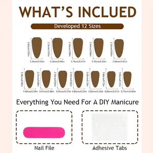 Sizing chart for almond-shaped press-on nails including 12 sizes and adhesive tab kit