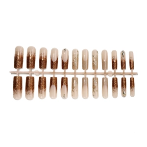 Extra long ballerina press-on nails with bronze glitter gradient and rhinestone accents