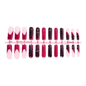 Long coffin fake nails with red French leopard print and golden bead accents