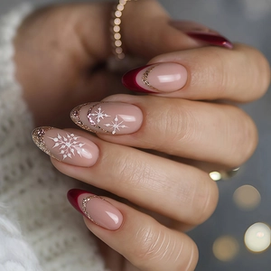 Christmas Press On Nails Dark Red French Tip Gold Glitter Snowflake Almond Shape Artificial Fake Nails Winter Holiday