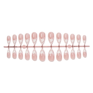 French almond press-on nails featuring elegant 3D white flowers on translucent pink base