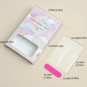 Pink almond nail art packaging box set with adhesive tabs and mini nail file tool