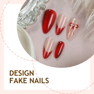 Faux ongles amande œil-de-chat rouge avec french tips et design nœud élégant