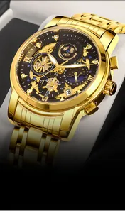Macro detail of the golden skeleton dial and mechanical movement on this luxury men's watch