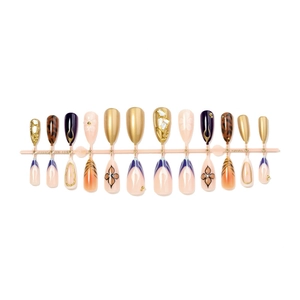 Handmade 3D almond press-on nails with leopard print and gold glitter 14pcs set