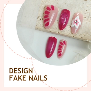 3D floral almond fake nails with rhinestones and pink 3D flower relief designs