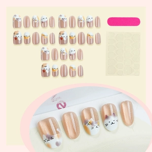 Cat eye press-on nails set with cute cartoon patterns and professional manicure tools