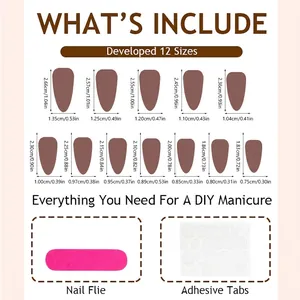 Size chart for 24pcs almond press on nails with French matte heart design and DIY tools