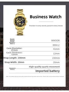 Detailed spec sheet showing 41mm hollow business watch with quartz movement and dimensions