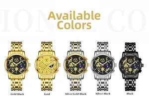 Business quartz watches for men in gold, silver, and black finishes with moon phase dials
