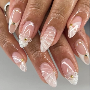 Almond Shape Press On Nails With 3D Flower Artificial Pearl Rhinestone Elegant French Style Nude Pink White For Women