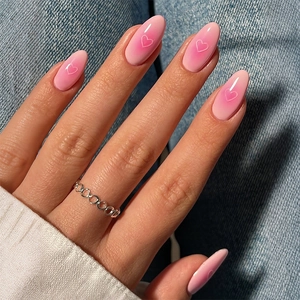Almond Shape Press On Nails Pink Blush Gradient White Heart Print Fake Nails With Adhesive Tabs And Nail File For Women