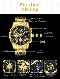 Detail of gold multifunction men's watch dial showing moon phase and calendar features