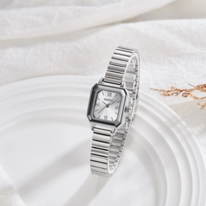Square Quartz Watch Alloy Case Elastic Metal Strap Roman Numerals Waterproof Casual Elegant Wristwatch For Women