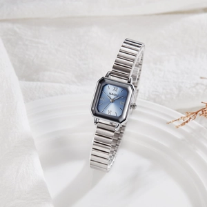 Square silver quartz watch with blue gradient dial and elastic bamboo strap for women