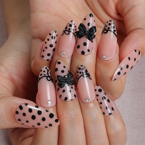 Almond Press On Nails French Pink Black Polka Dot 3D Bowknot Rhinestone Full Cover Artificial Fake Nails For Women Manicure