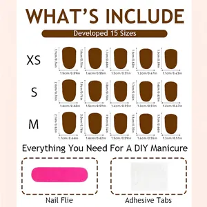 Size chart for cat eye press-on nails including XS, S, M with file and adhesive tabs