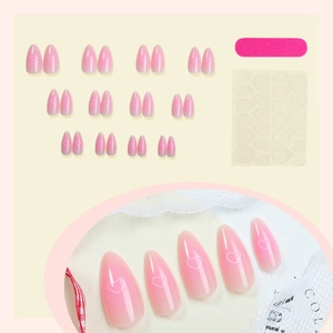 Pink gradient almond press-on nails with white heart design, 24pcs kit with tools