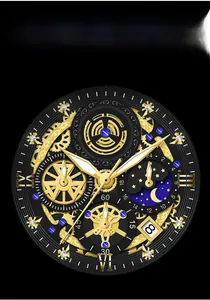 Macro detail of skeleton watch dial with gold gears and day-night display indicator