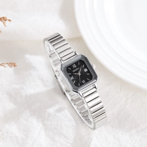 Square silver women's watch with Roman numerals and flexible bamboo metal strap