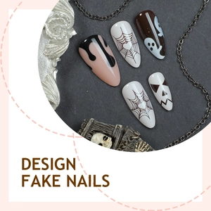 Halloween almond press-on nails with spider web, ghost, and drip designs on stone background