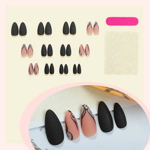 24pcs vintage French press-on nails with matte black designs and silver glitter accents