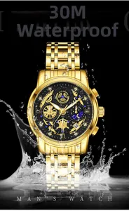 Close-up of golden multifunctional watch with hollow dial and water splash effect
