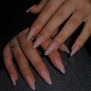 Nude Pink Press On Nails With Silver Glitter French Tips Long Almond Shape Oval Fake Nails DIY Manicure For Women