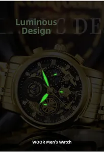 Luminous gold watch hands and skeleton dial detail on WWOOR men's luxury business watch