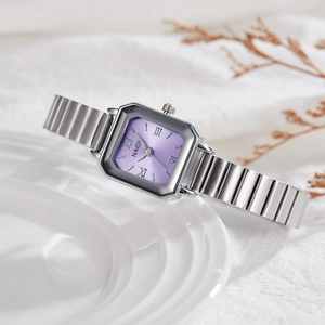 Women's square quartz watch with purple dial and silver bamboo-style steel band