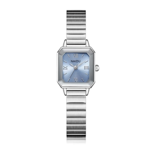 Minimalist square quartz watch for women with light blue dial and silver steel band