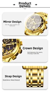 Close-up of golden hollow quartz watch showing mineral glass, crown and steel strap
