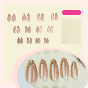 Pink almond cat eye press-on nails with gold marble veins and tool kit set