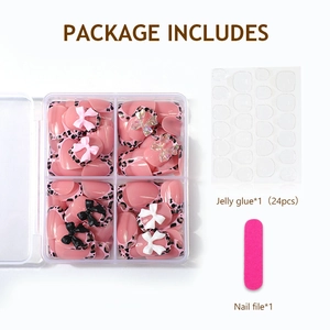 Pink press-on nail kit with leopard french tips, 3D bows, jelly glue and a file