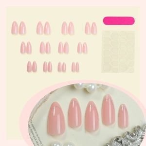 Almond nude press-on nails with silver glitter French lines and full DIY tool kit