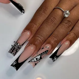 Halloween Press On Nails Gothic Black French Coffin False Nails With Metal Skull Spider Web Decorations For Women
