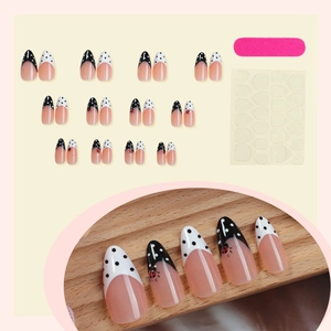 Almond shaped press-on nails with black-white dots and ladybug french tips full set