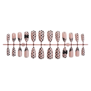 Pink almond press-on nails with black polka dots, 3D bows and small rhinestones set