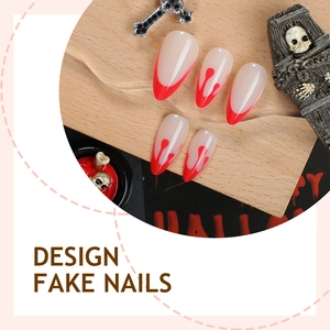 Halloween almond fake nails with red dripping blood French tips on nude base