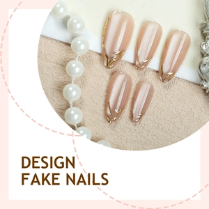 Cat eye almond fake nails with gold glitter lines and nude pink shimmering finish