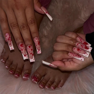Halloween Press On Nails Long Coffin White Red Blood Splatter Finger And Toe False Nails Removable Manicure Decoration