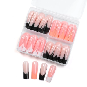 French tip coffin nails set with black orange and white designs in a clear storage box