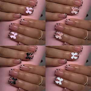 French leopard print press-on nails set with 3D resin bowknots in various colors