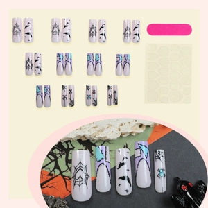 Halloween long press-on nails set featuring spider and bat motifs with 3D blue rhinestones