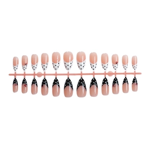 Almond fake nails with black and white French tips and ladybug patterns on 24 piece set