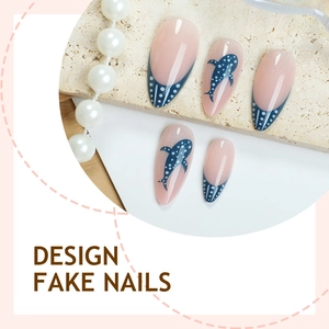 Blue whale shark pattern press-on nails on almond shape with minimalist ocean theme