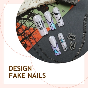 Halloween long press-on nails with spider and bat patterns and blue rhinestones