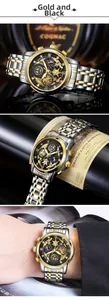 Detailed view of two-tone luxury hollow-out watch dial with intricate gears and Roman numerals