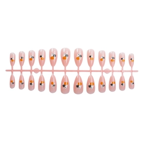Halloween almond fake nails with pink base, pumpkin and ghost patterns on plastic frame